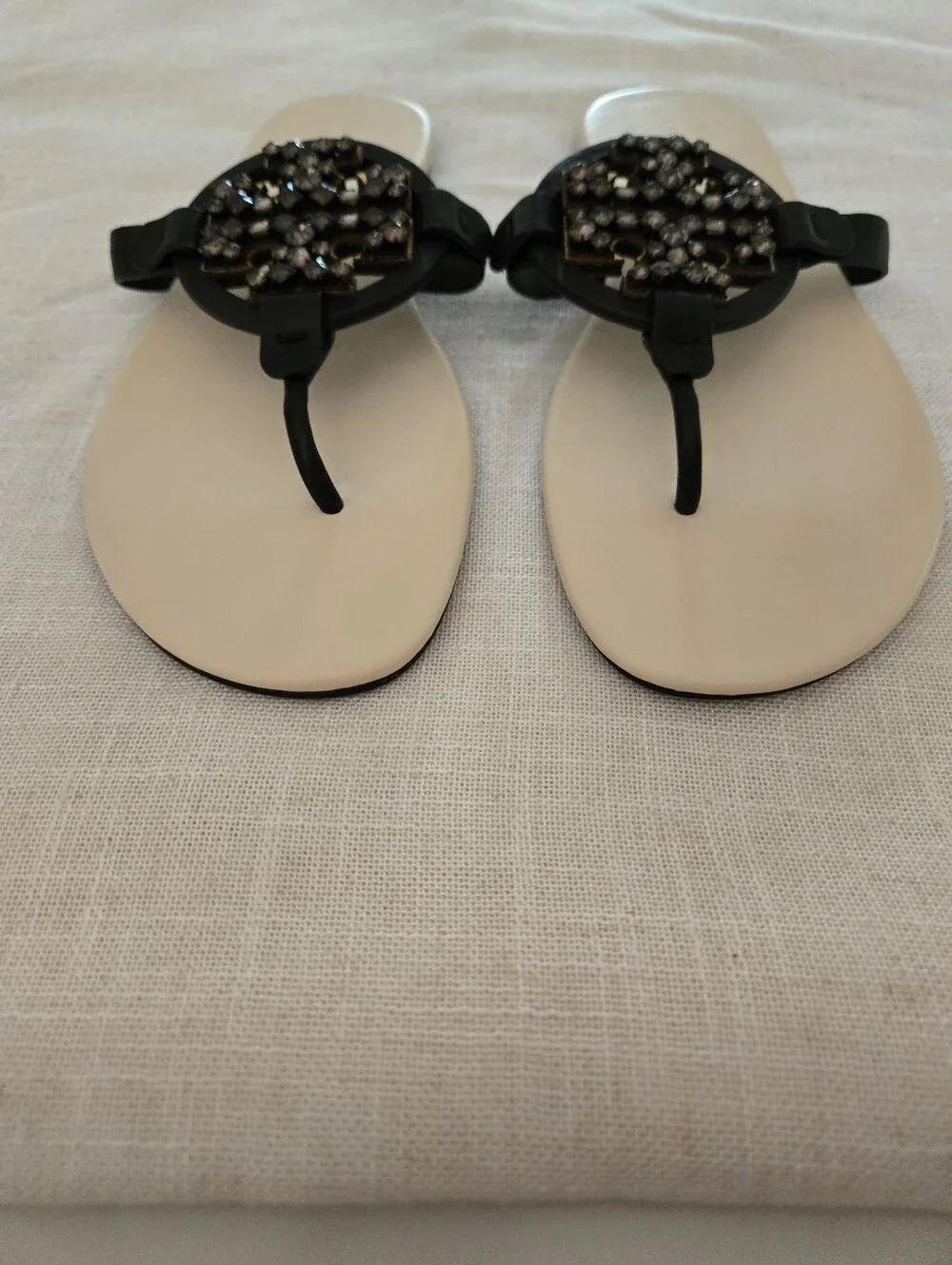 Tory Burch Black Jeweled Logo Soft Miller Sandals